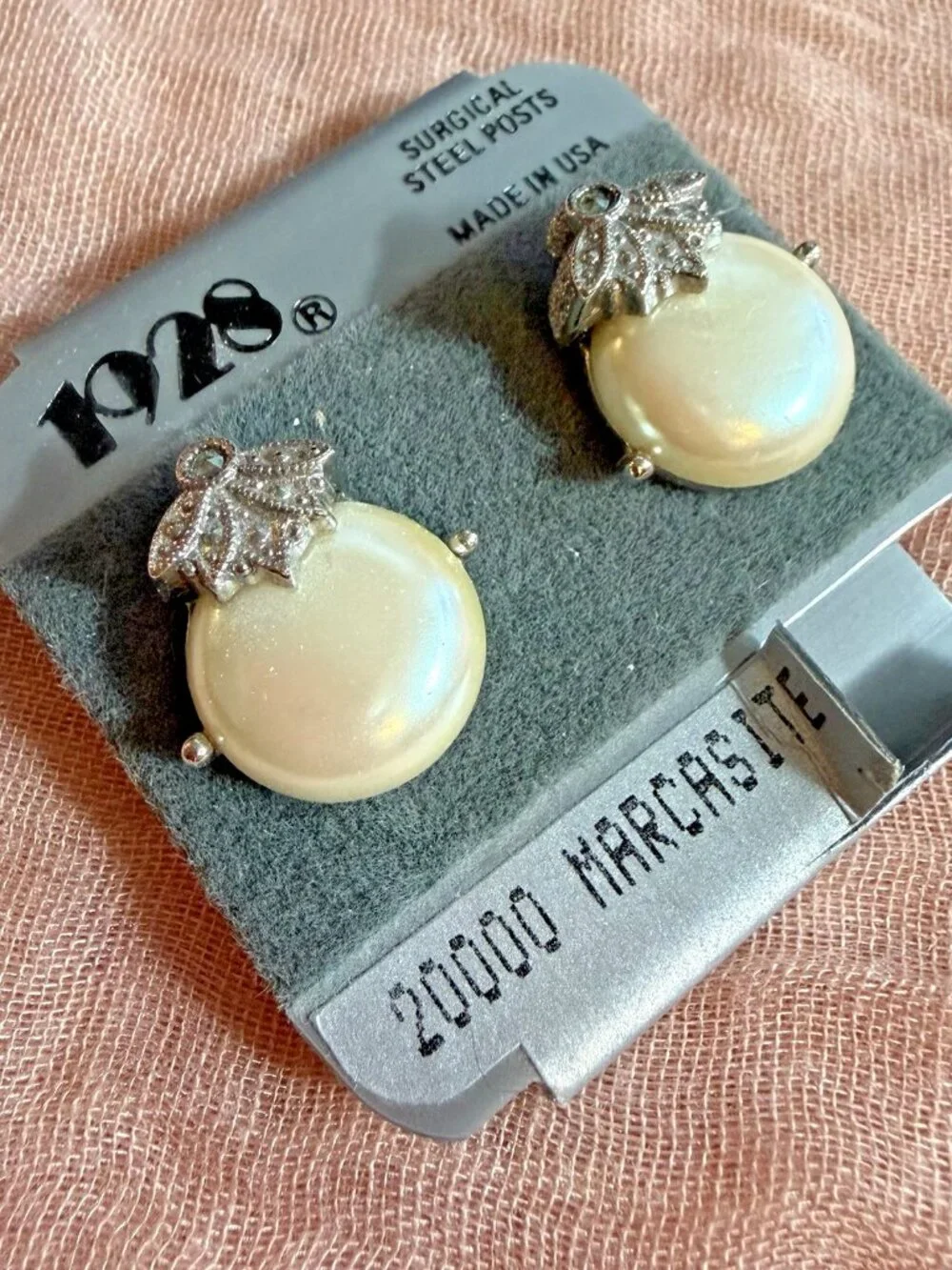 Vintage 1928 Faux Pearl Marcasite Stud Earrings Surgical Steel Posts USA NOS - Picture 2 of 5